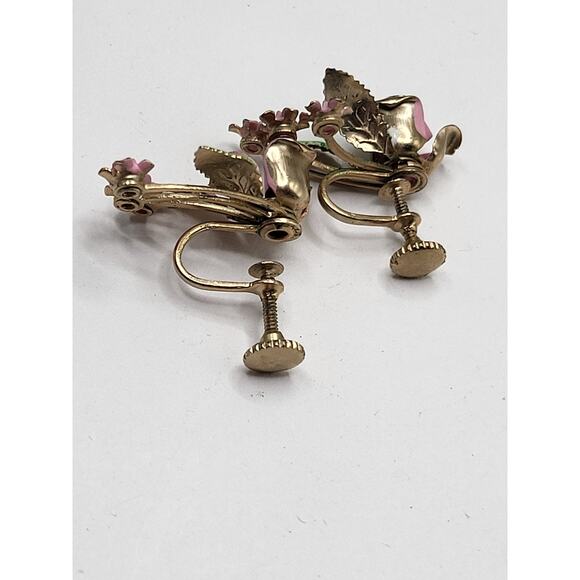 Vintage Enamel Rose Earrings Screw Back Pink Flower Cluster Rhinestone - Picture 6 of 7